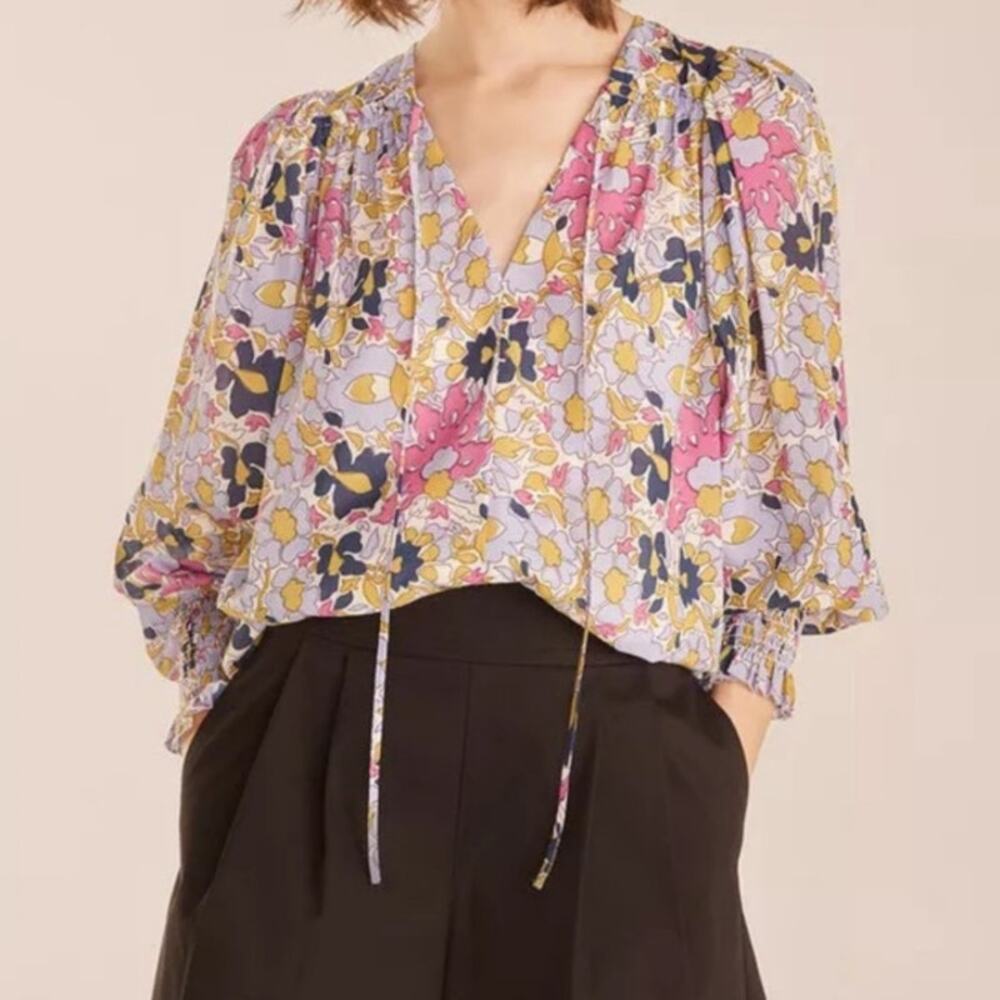 Rebecca Taylor Long Sleeve Blouse Womens XS Purple Floral V Neck Boho Workwear